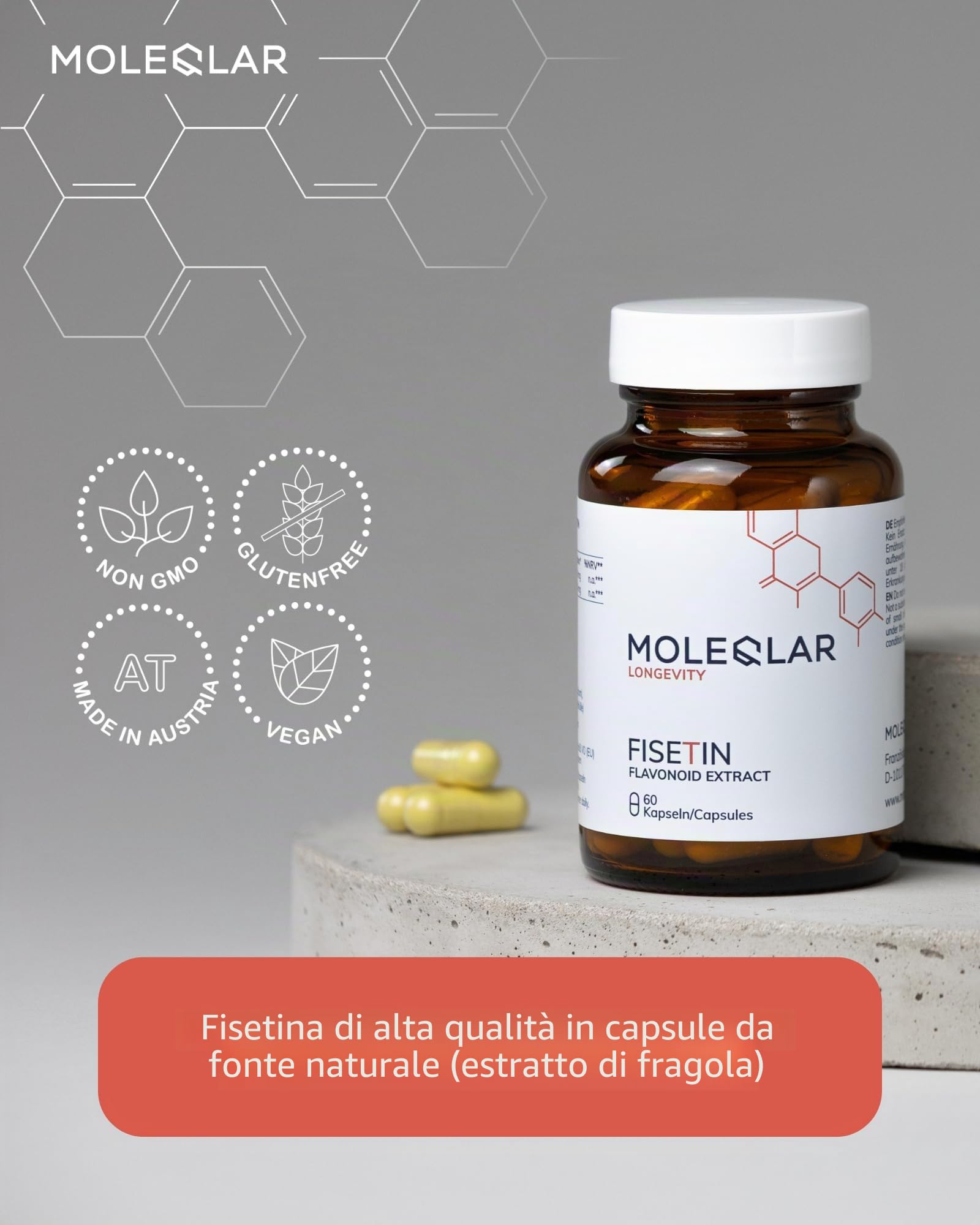 MoleQlar Fisetin 100 mg capsule – 60 pezzi – 200 mg di fisetina da estratto di fragola per porzione – bioflavonoide di origine naturale – vegano, privo di OGM e certificato in DE