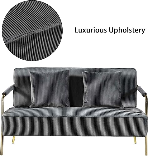 Miniatura 3 de Moderno sofá biplaza tapizado de terciopelo con 2 almohadas y patas de metal dorado, sofá futón pequeño plisado de 2 plazas para espacios pequeños,