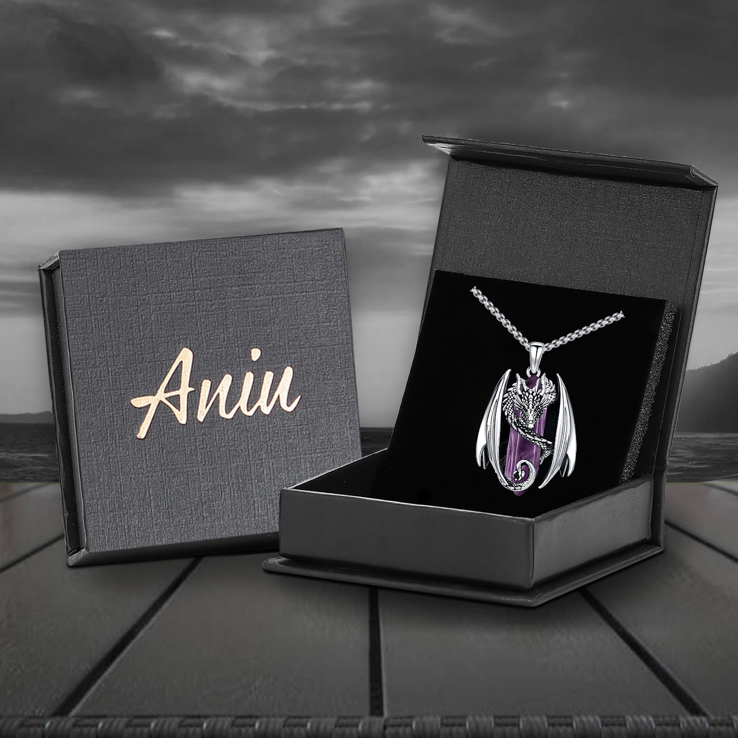 Aniu Wikinger Drachen Halskette mit Kristall, Nordischer Drache Anhänger Kette für Herren Damen Heilsteine Amulett Schmuck Kristallkette