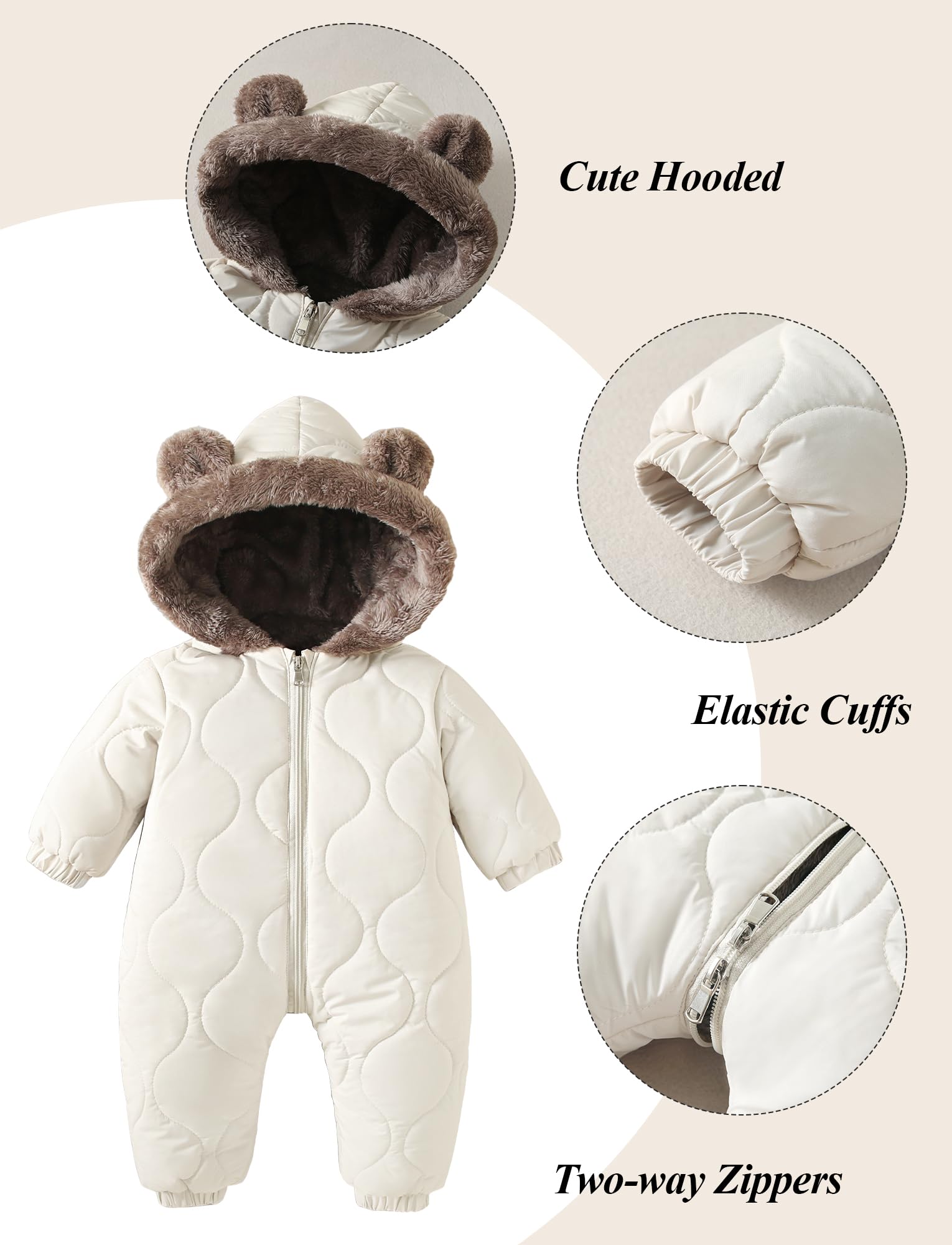 Happy Cherry - Bebé Mameluco Invierno con Forro Recién Nacido Traje de Nieve con Capucha Niño Niña Mono Cálido Infantil Pelele Entero Ropa de Una Pieza Calentito con Cremalleras - 0-24 Meses