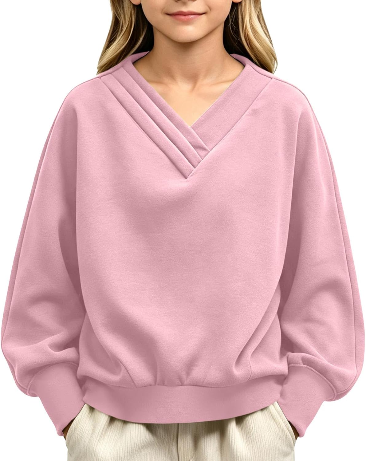 V Neck Sweatshirt Fleece Long Sleeve Pullover Top