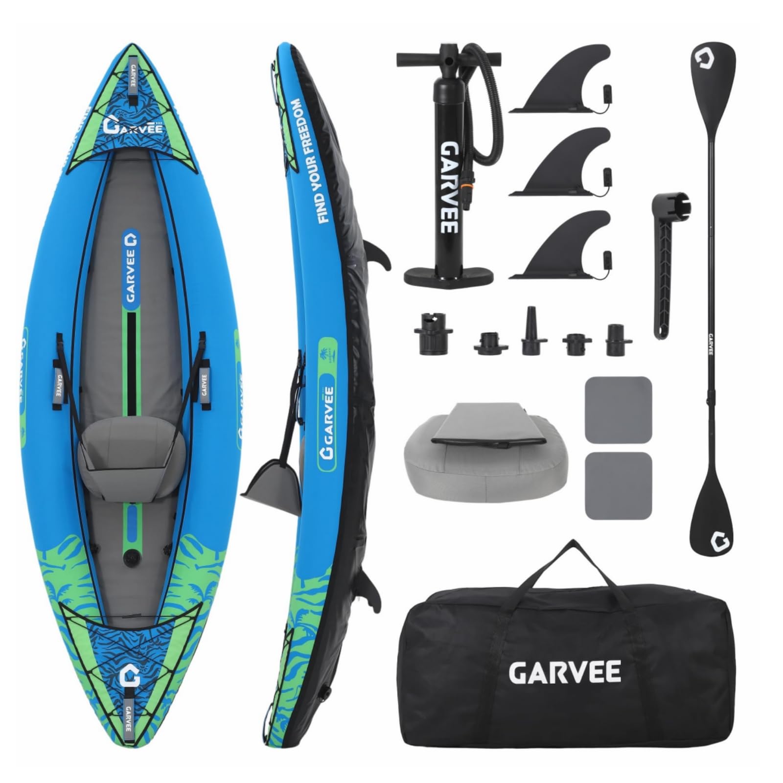 GarveeLife Drop Stitch Inflatable Kayak for One Person, 450lbs Capacity Lightweight Canoe, Adjustable Paddle, Detachable Seat, Dual-Action Pump & Carry Bag, Perfect for Lake, River, Calm Ocean