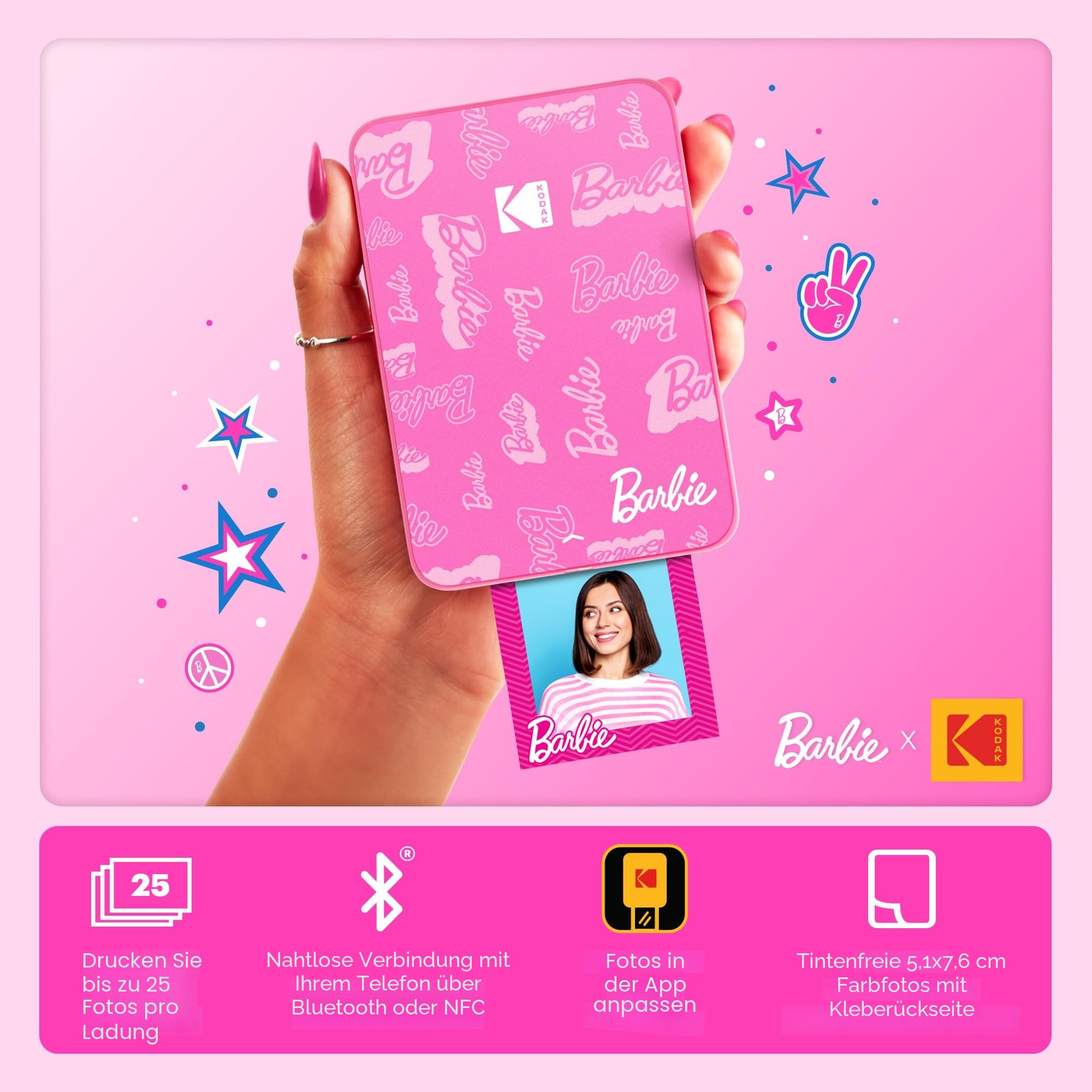 Kodak Barbie x Step Slim Wireless Sofort tragbarer Fotodrucker – Vollfarbige Drucke in Zink 2x3” Aufkleber-Rückseitenfotos von iOS- und Android-Geräten über Bluetooth in der App – Signaturstil – Bild 2