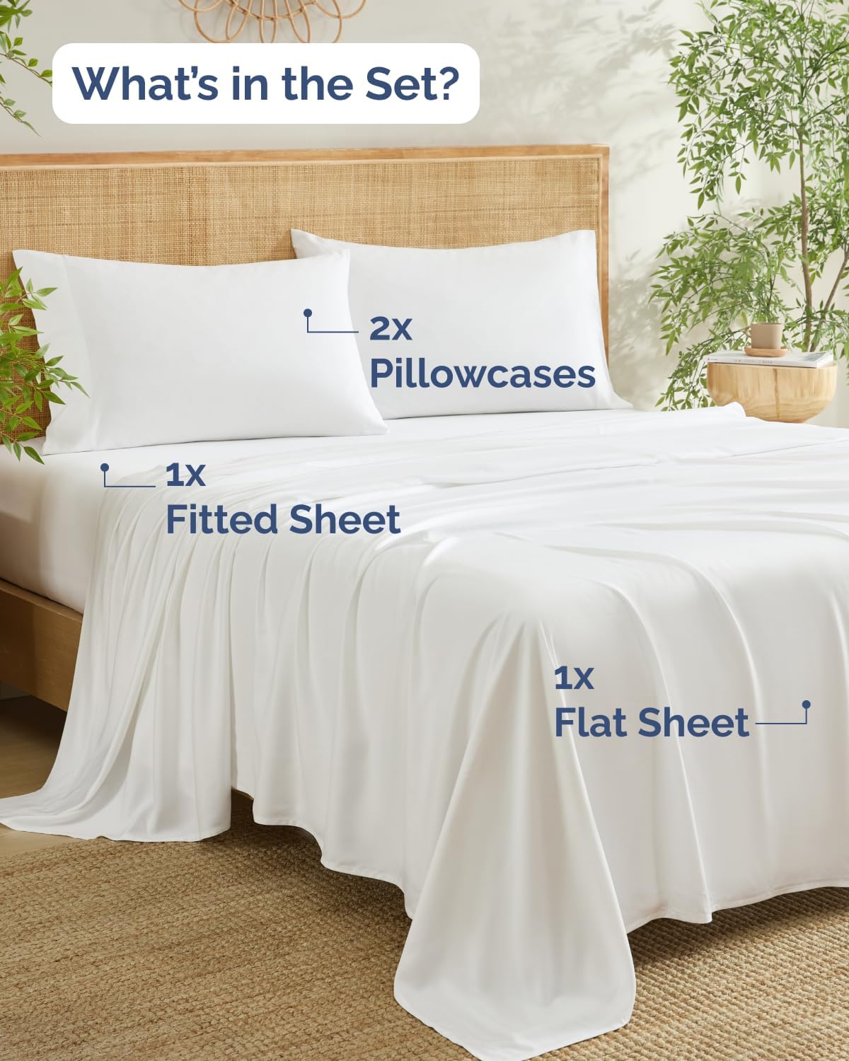 100% Rayon Derived From Bamboo - Bamboo Sheets King Size - Cooling Sheets for King - Ultra Soft, Breathable & Hotel Luxury Bedding - 1 Flat & 1 Fitted & 2 Pillowcases w/ 18 Inch Deep Pockets - White