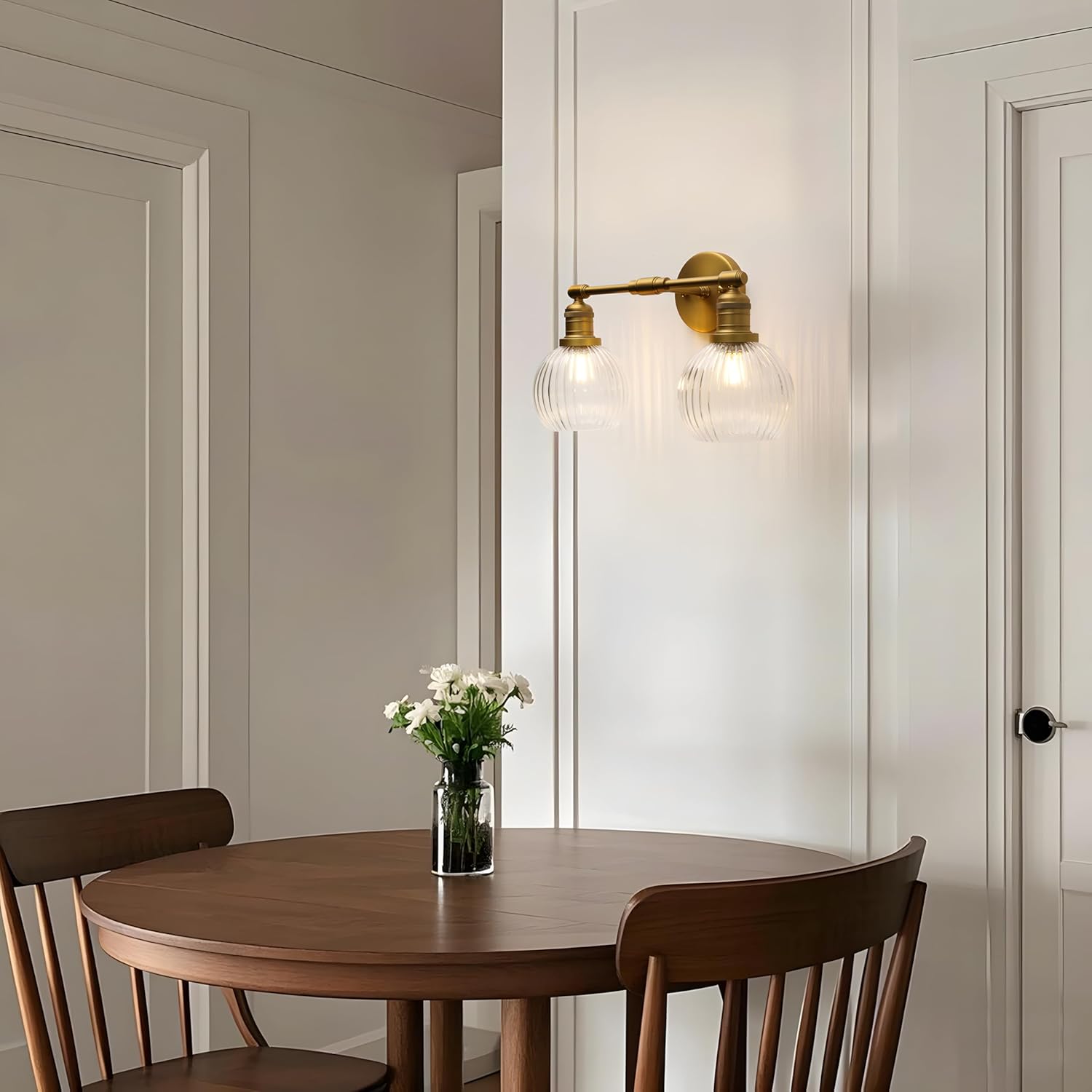 Industrial Double Armed Glass Wall Sconce with Clear Striped Globe Shade, Indoor 2-Light Wall Vanity Light Fixture Hardwired for Bathroom Farmhouse Living Room Bedroom