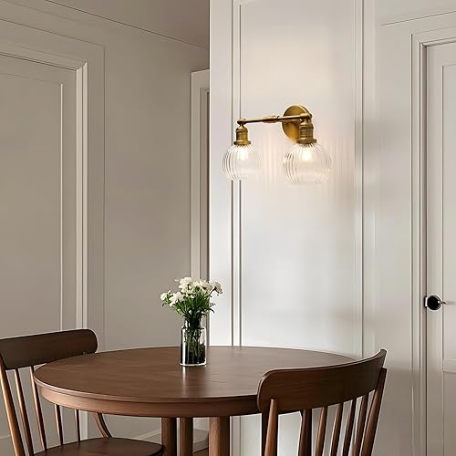 Miniatura 3 de Aplique industrial de pared de vidrio de doble brazo con pantalla de globo a rayas transparentes, lámpara de tocador de pared de 2 luces para