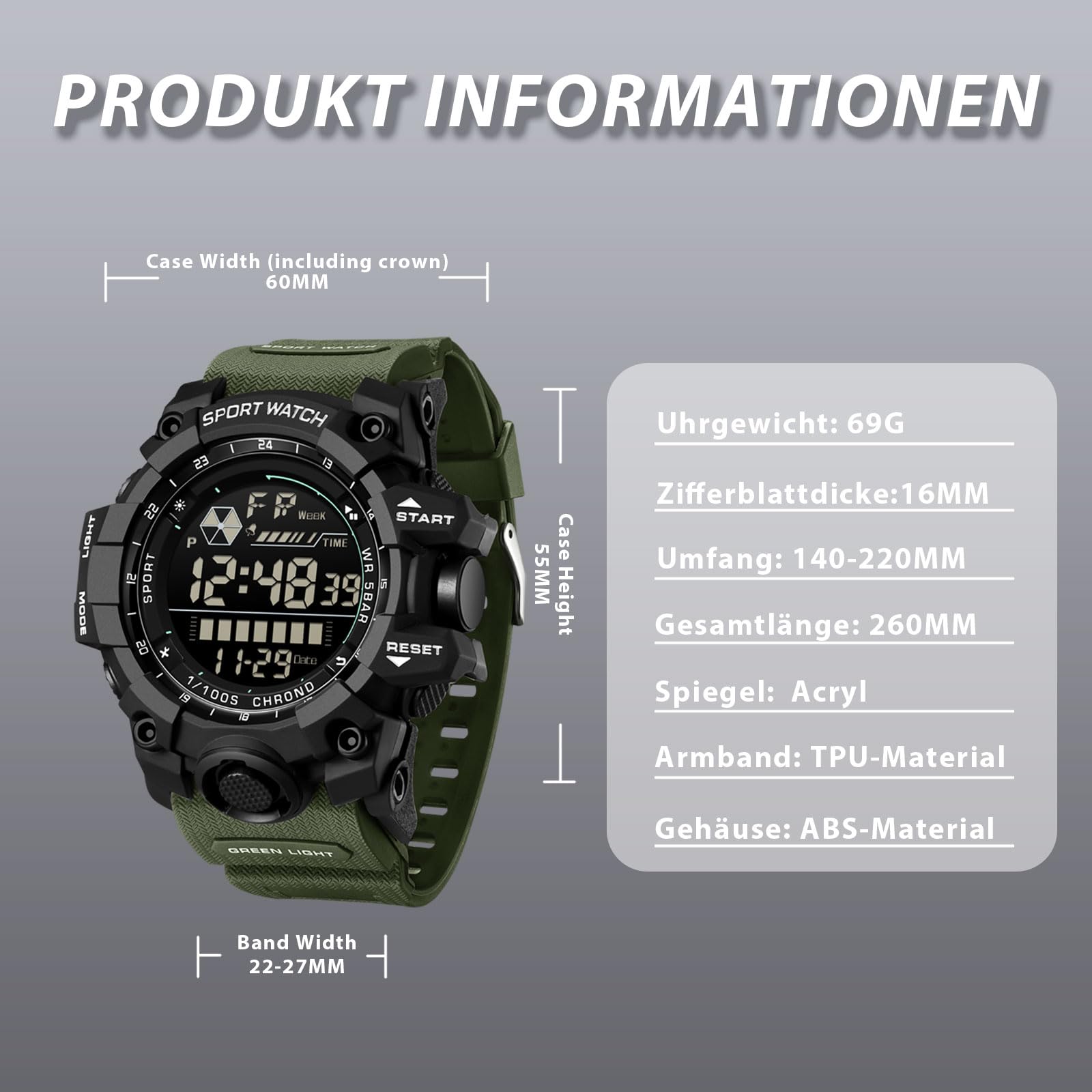 findtime Reloj de pulsera digital para hombre, resistente al agua, 5 ATM, resistente al agua, táctico, resistente con fecha, alarma, luz nocturna, resistente a los golpes