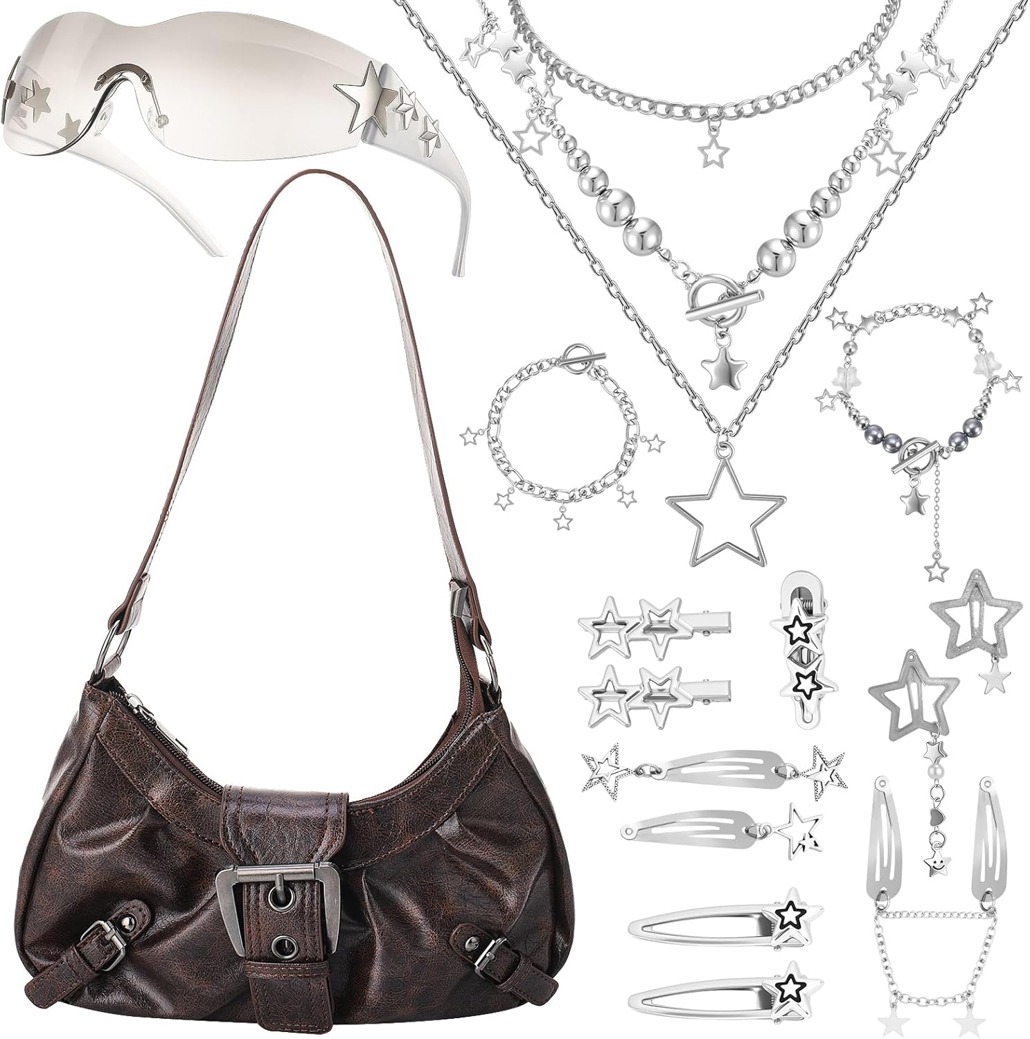 Women's Y2k Purse Shoulder Bag Vintage Buckle Handbag Goth Punk Hobo Bags Y2k Accessories Set Vintage Jewelry Set for Women