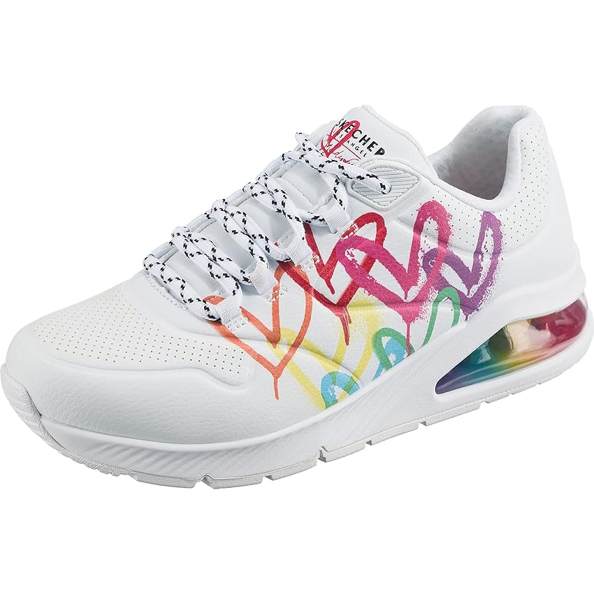 Skechers Uno 2 Amore Galleggiante, Scarpe da ginnastica Donna, Wht Duraleather Multi Color Heart Print Trim, 41 EU