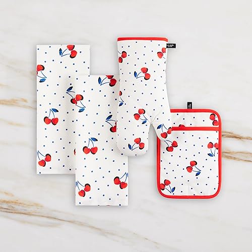 Miniatura 2 de Kate Spade New York Cherry Dot - Juego de 4 toallas de cocina, guantes de horno y soporte para ollas, 17 x 28 pulgadas, 7 x 13 pulgadas, 7 x 10