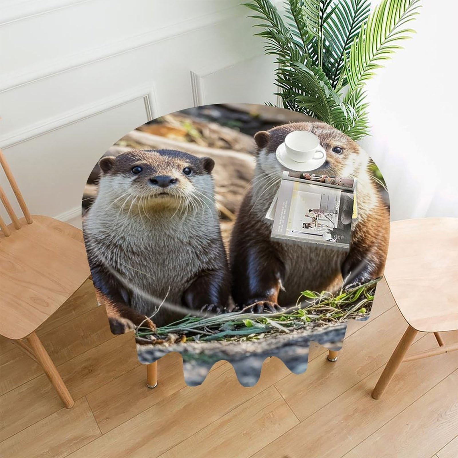 MUSM 60 Inch Animal Cute Brown Otters Round Tablecloth Wipeable Washable Table Cover for Kitchen and Dining Room Decorative Table Cloth for Party Holiday Picnic Outdoor