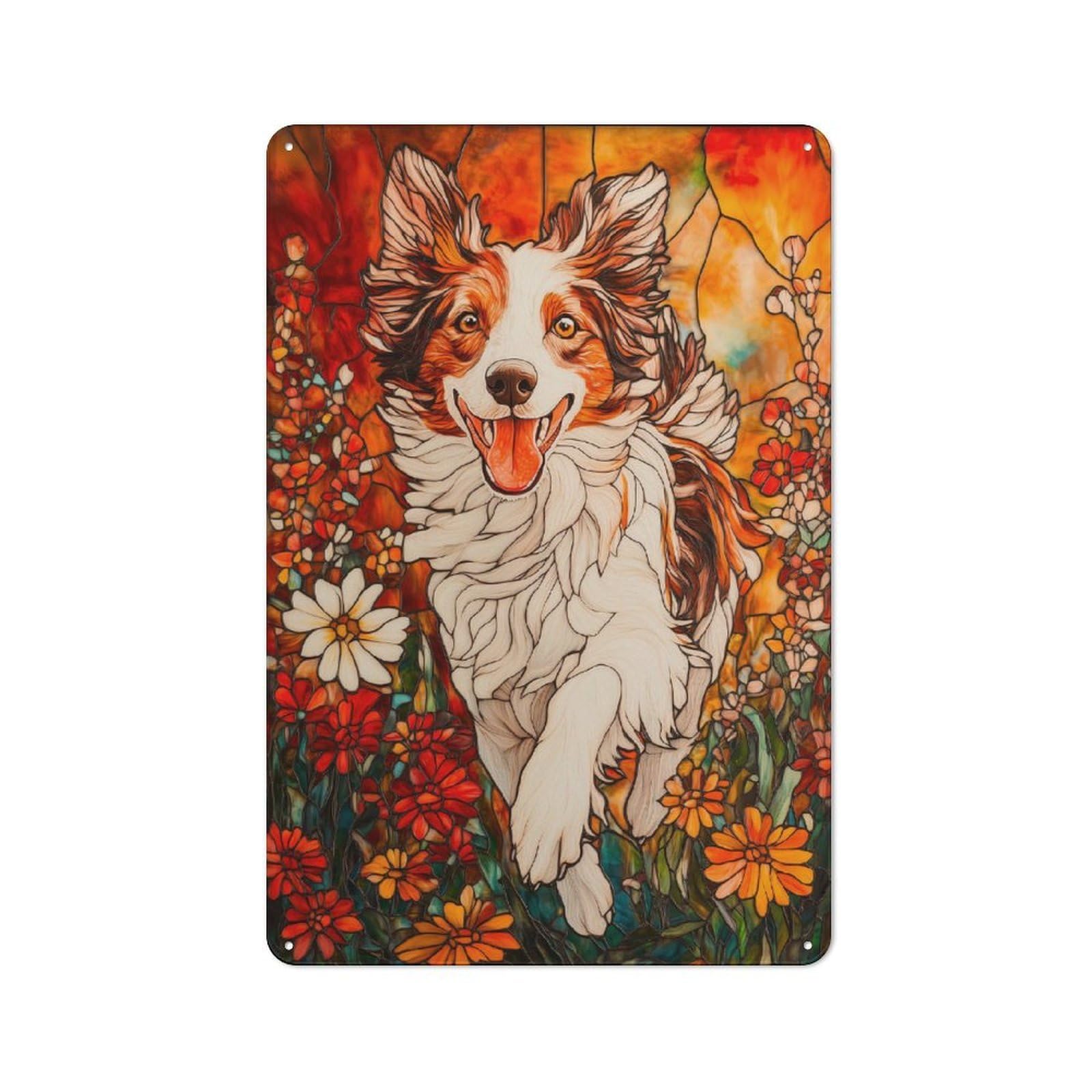 Junmoney Style-4 Tin Wall Plaque 30X20cm With Stained Glass Dog For Hallway Wall, A Decorative Metal Sign For Hallways And Entrance Areas
