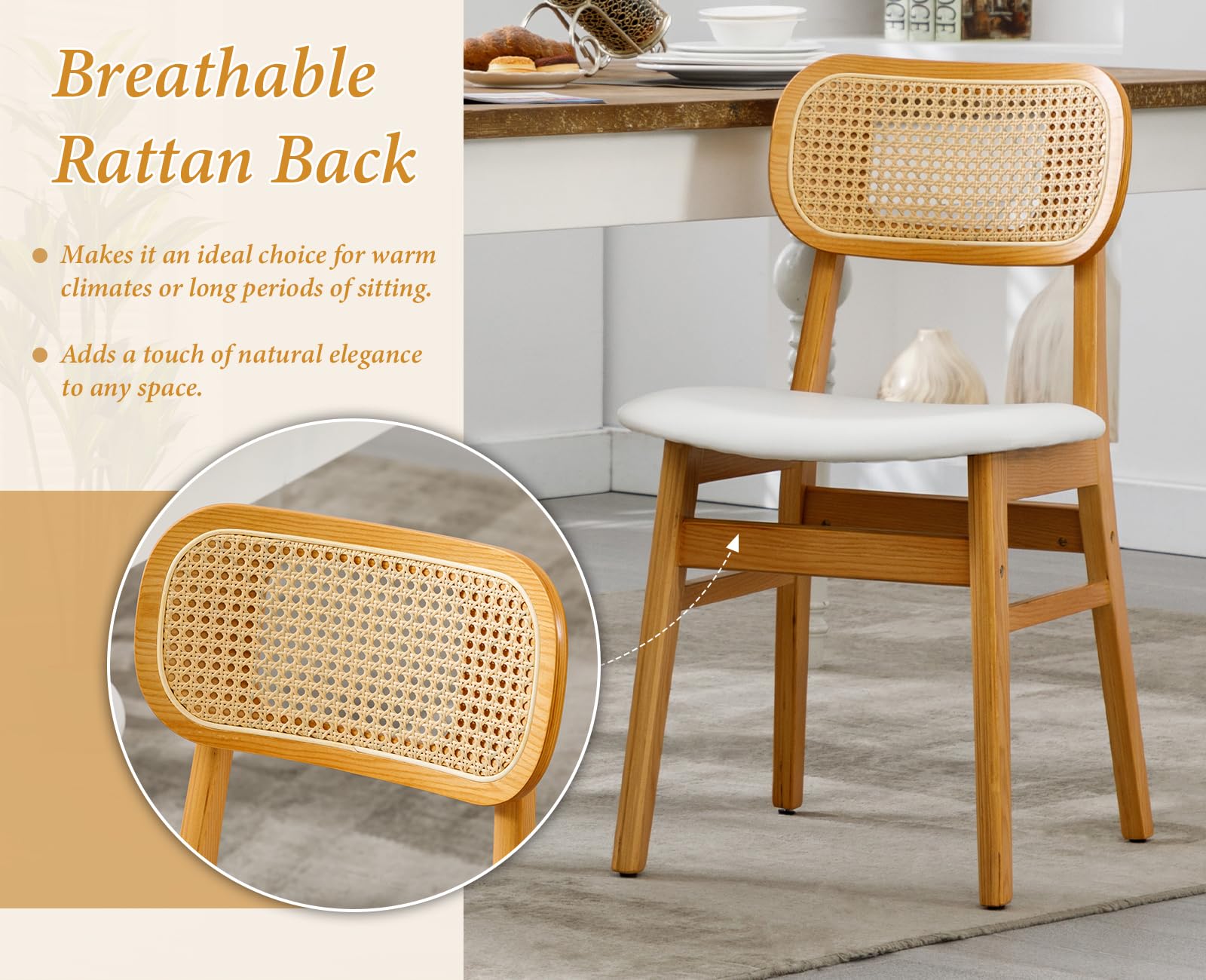 Ya-Home Lot de 2 Chaise de Salle à Manger en Rotin,Chaise de Cuisine,Blanc | Cuir PU avec Coussin et Dossier Confortable,Cadre en Boise,Fauteuil Rembourré,pour Cuisine/Restaurant