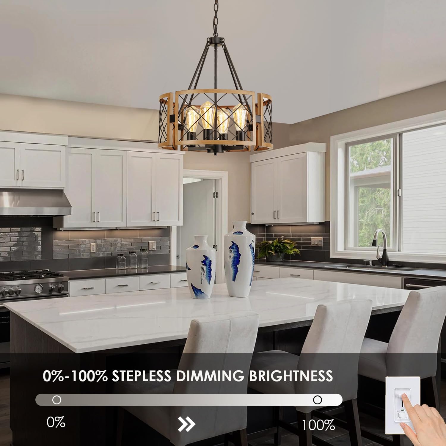 SANTOSTOCK D19'' Farmhouse Chandelier for Dining Room, 4-Light Adjustable Kitchen Island Lighting, Vintage Hanging Pendant Light Fixtures for Entryway Foyer Bedroom Hallway, Black & Dark Oak