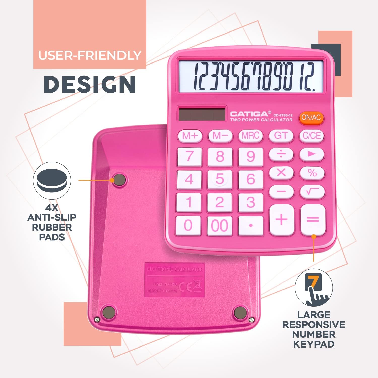 Desktop Calculator 12 Digit with Large LCD Display and Sensitive Button, Solar and Battery Dual Power, Standard Function for Office, Home, School, CD-2786 (Pink)