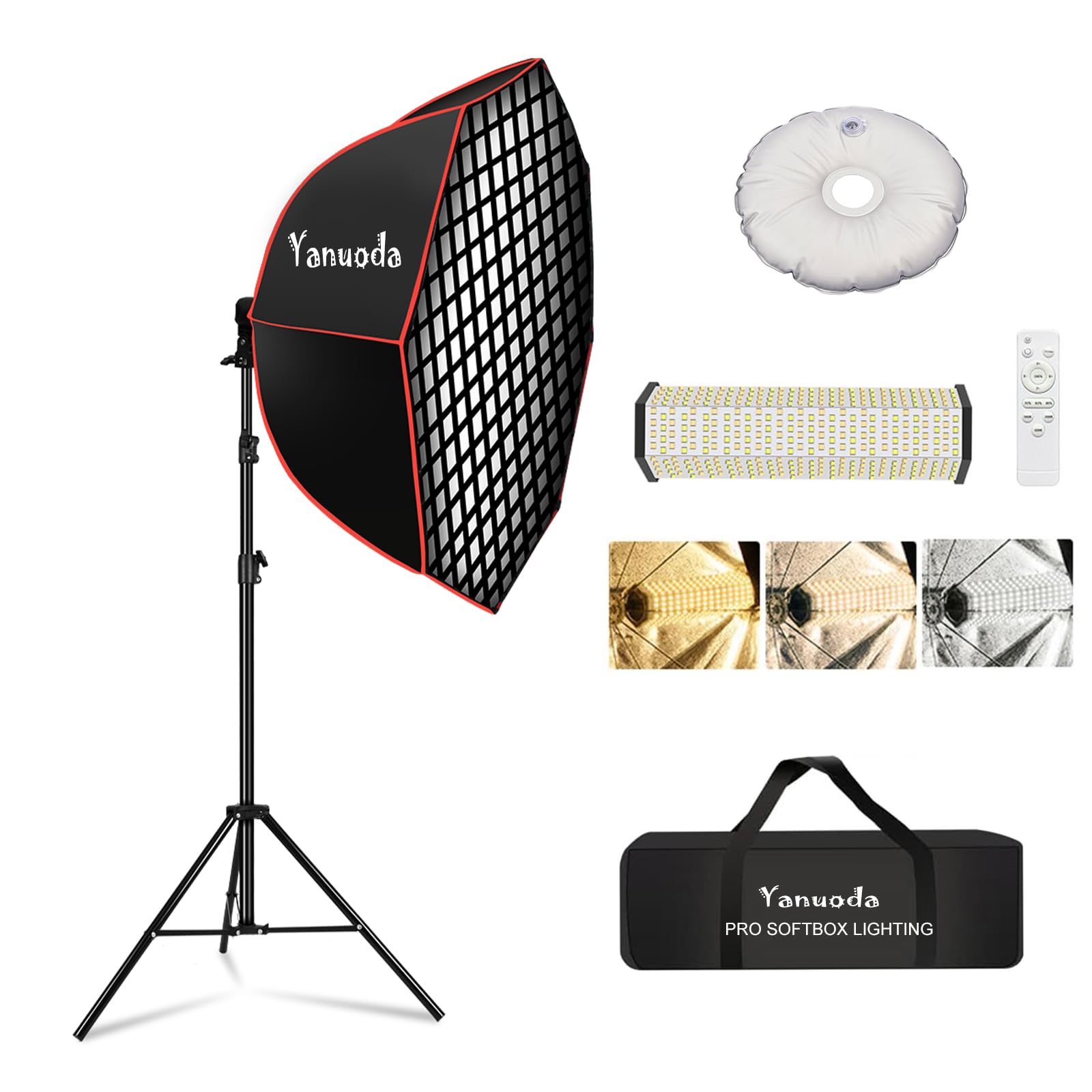 Softbox Octogonal 95cm Profesional - Luz LED de Video 110W Dimmable CRI 97, Incl. Trípode, Difusor & Rejilla, Mando a Distancia para Retrato, Video, Youtube, TikTok Calidad Estudio