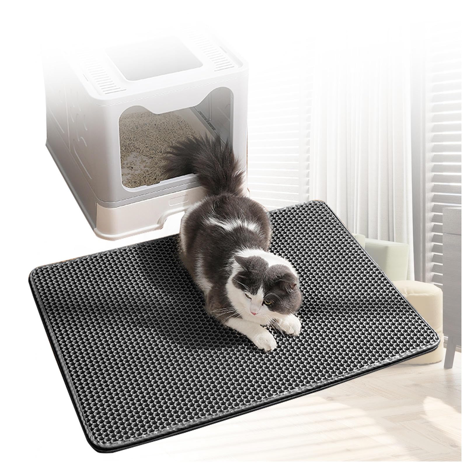 Tybeitao Black Cat Litter Box Mat, Honeycomb Double Layer Easy Clean Cat Litter Mats Less Waste,Soft On Paws,Non-Slip, Litter Catcher,-L