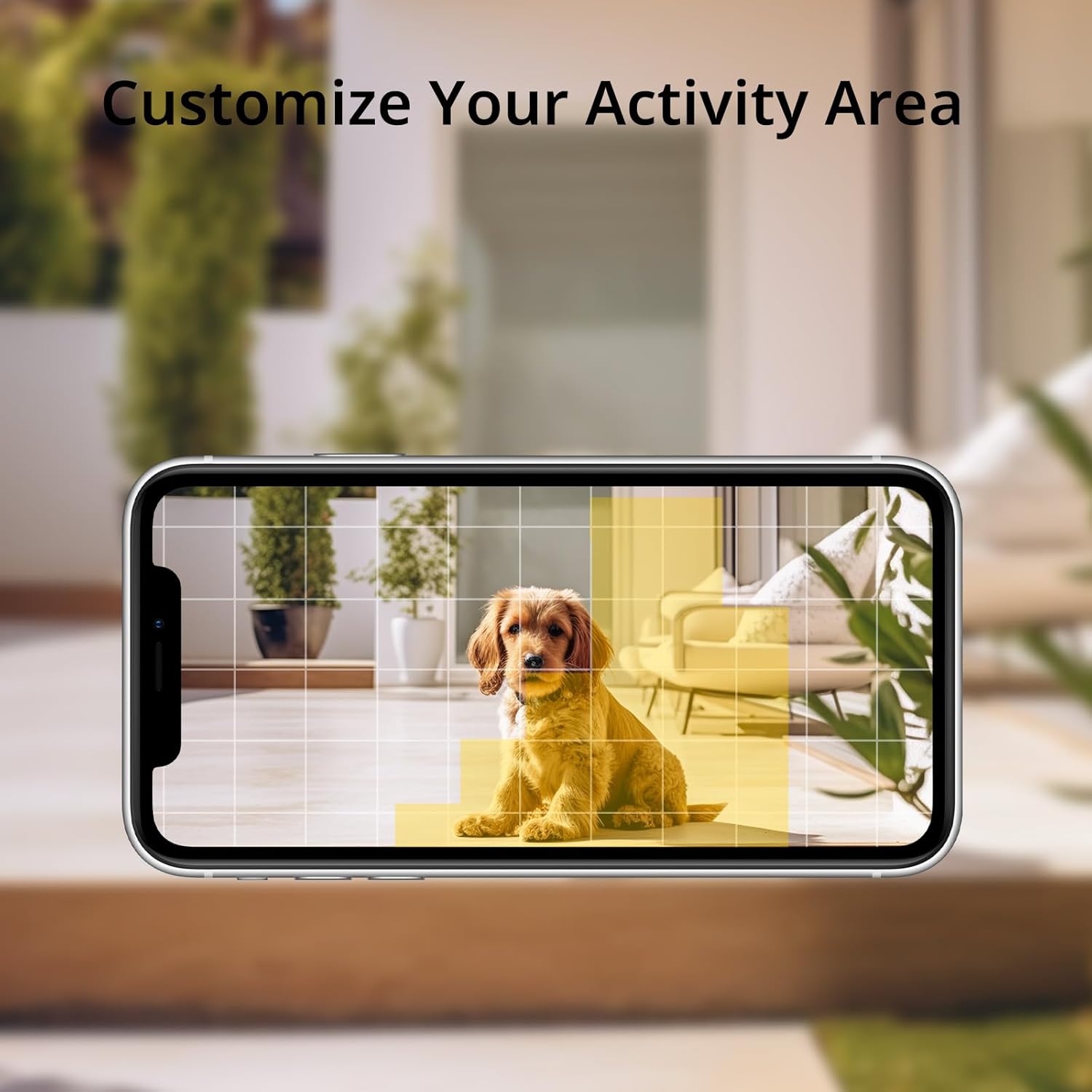 A smartphone screen displaying a live camera feed of a dog sitting on a patio. A grid overlay is visible, and a yellow shaded area indicates a customized activity zone for motion detection.