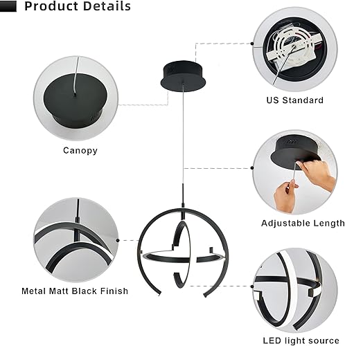 Miniatura 8 de Kinglong Candelabro LED moderno negro, lámpara colgante redonda de 4000 K para comedor, cocina, isla, dormitorio, sala de estar, vestíbulo, escalera