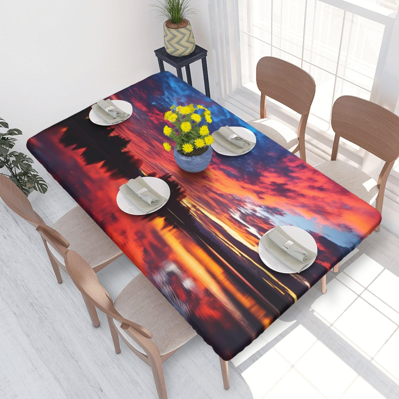 Beautiful Sunset Waterproof Square Table Cover Elastic Fitted Tablecloth Oil Proof Table Protector For 4ft Table
