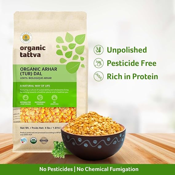 Organic Tattva Yellow Split Peas, 4 lbs, Toor Dal (Arhar), USDA Certified | Unpolished Tur Dal, Natural Plant Based Protein, Vegan, Kosher, No Additives, Ideal for Creamy Soups, Stews, Curries