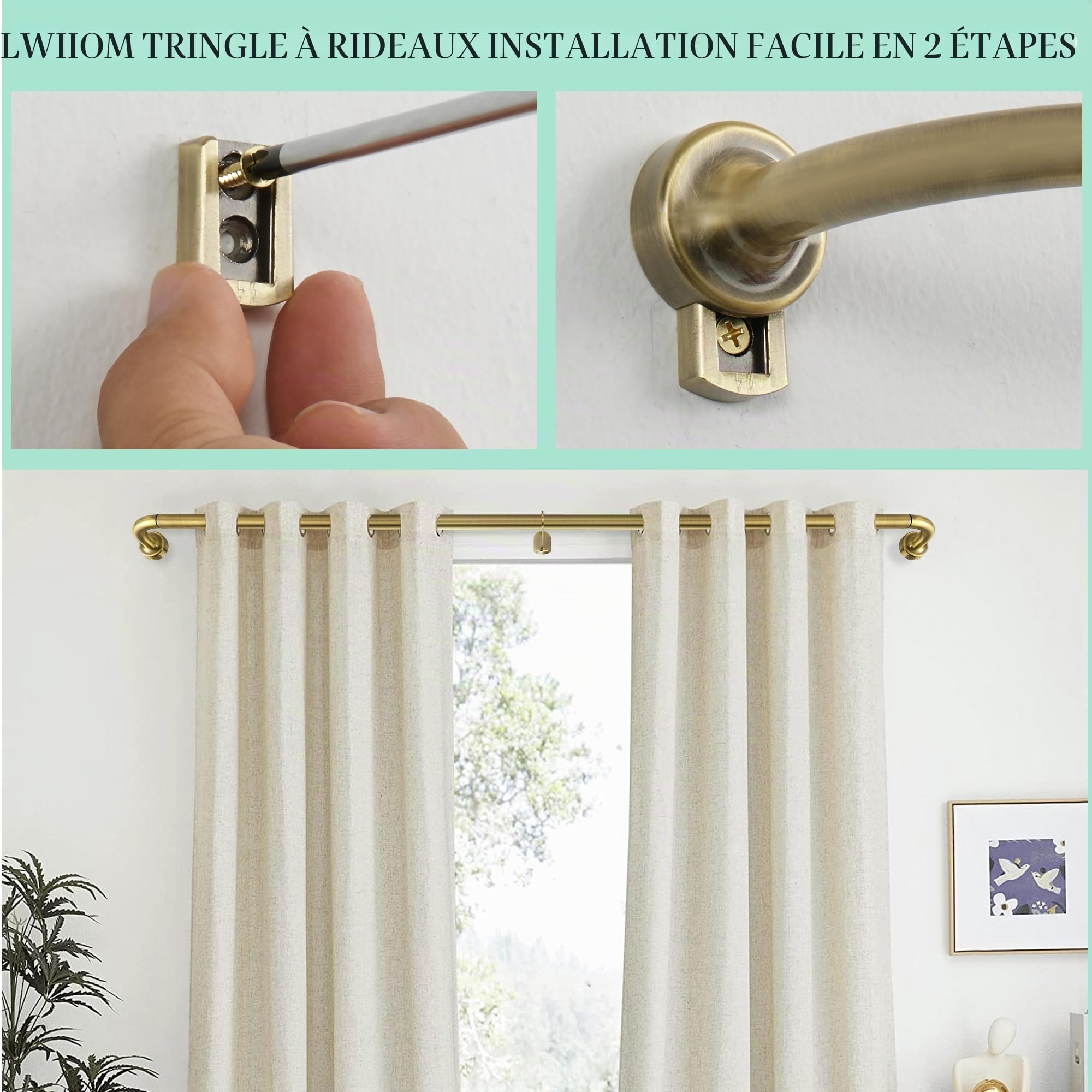 Tringle à rideaux réglable en bronze antique pour fenêtres de 40,6 à 71,1 cm, épissure interne de 2,5 cm de diamètre, tringle à rideaux occultants avec embouts et supports en aluminium, design