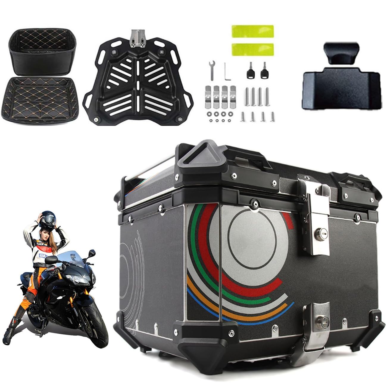 Scooter Storage Boxes, Aluminum Motorcycle Tail Box Top Case Luggage with Security Lock, Helmet Storage for Store Large(Black,45L)