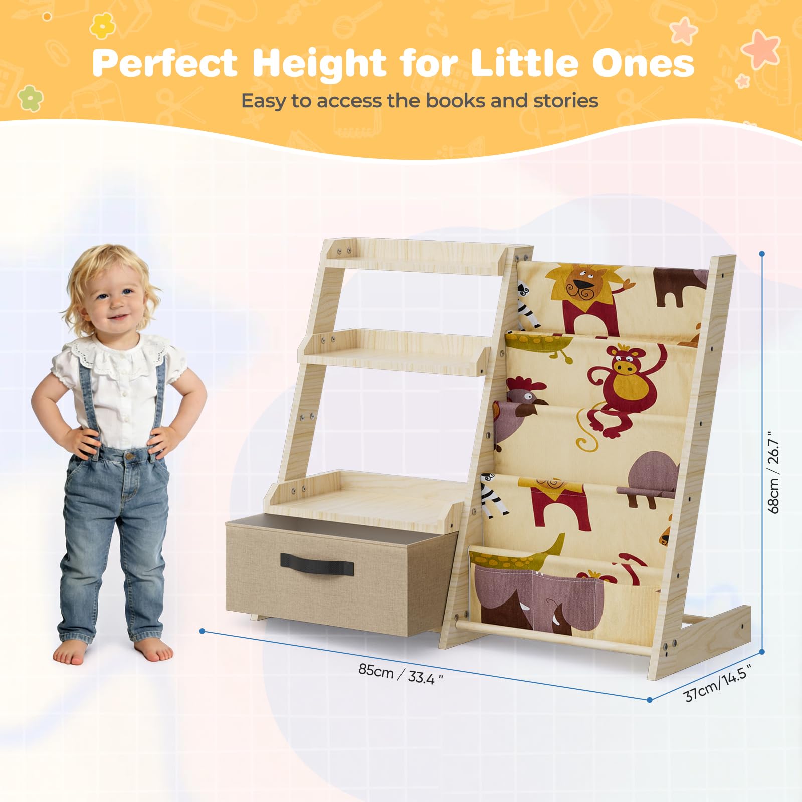 Scaffale per bambini con organizer per giocattoli 2 in 1 – Libreria in legno e tessuto con 4 scomparti, cassetto e tasche portapenne, scaffale sicuro per bambini, altezza 68 cm, per cameretta dei