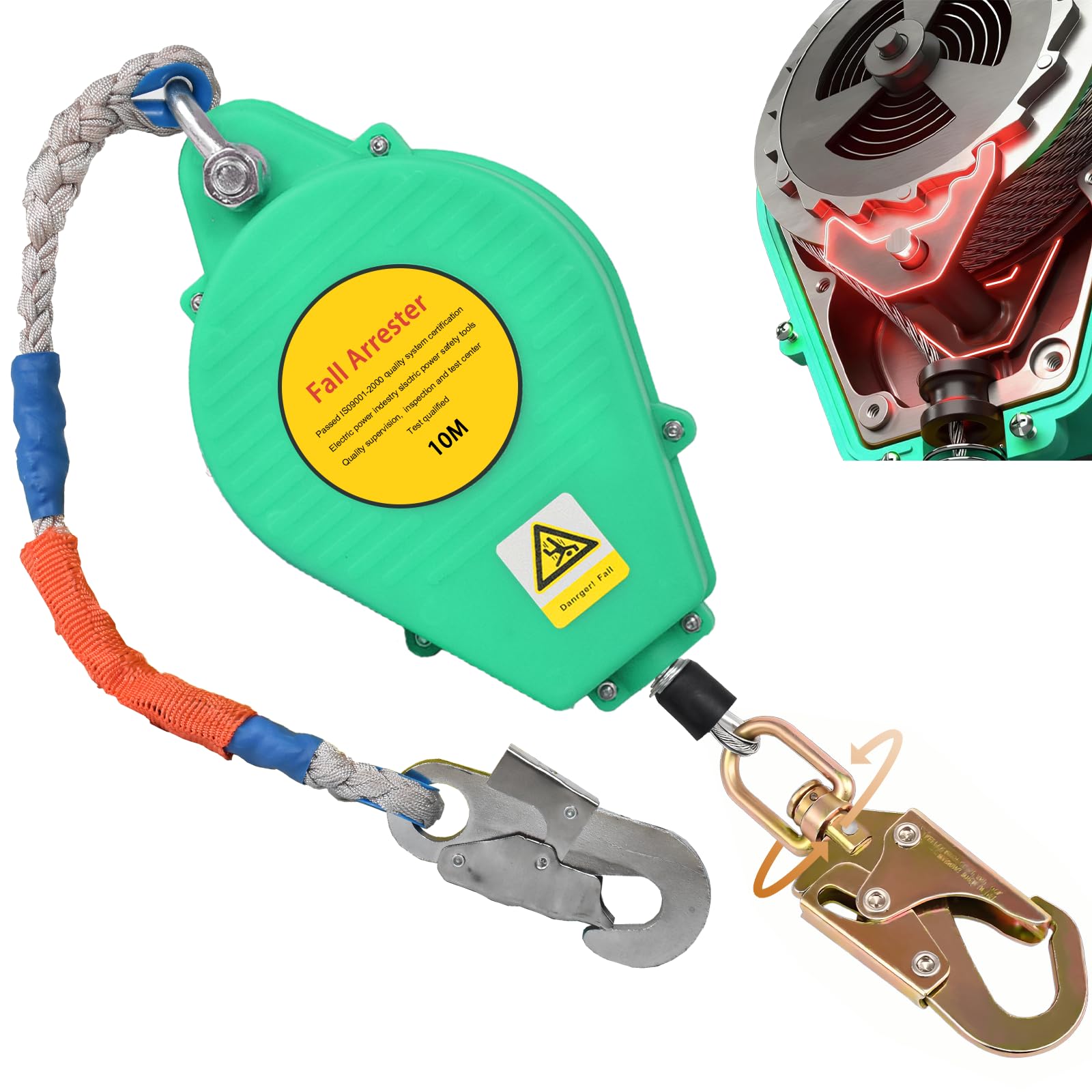 Dispositif Antichute a Rappel Automatique 10m, 150 kg Harnais de Securite Anti Chute Toiture, Stop Chute Toiture à Rappel Automatique Rétractable pour Travaux en Hauteur(Vert,10m)