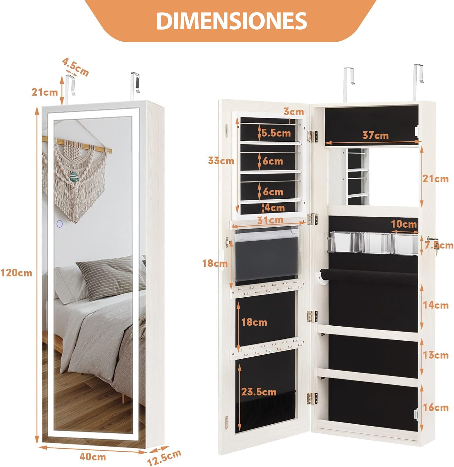 RELAX4LIFE Armario para Joyas de Pared con 2 Espejos y Luz LED Táctil, 40x12,5x120cm (Blanco)