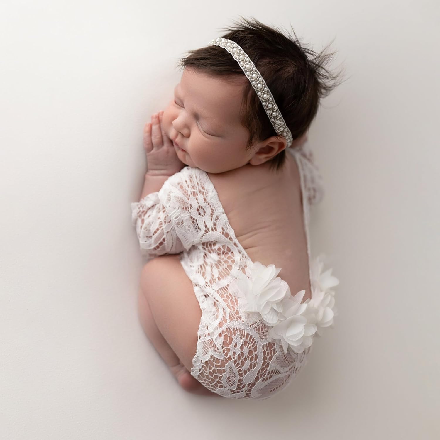 Newborn Lace Romper, 2 PCS Baby Girl Photography Props, Newborn Girl Photography Outfits with Flower Headband for Infants - Image 6