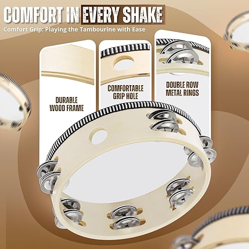 Miniatura 39 de Flexzion Pandereta redonda de madera para niños y adultos de 10 pulgadas de una sola fila, 8 pares de jingles, instrumento de percusión de mano rojo