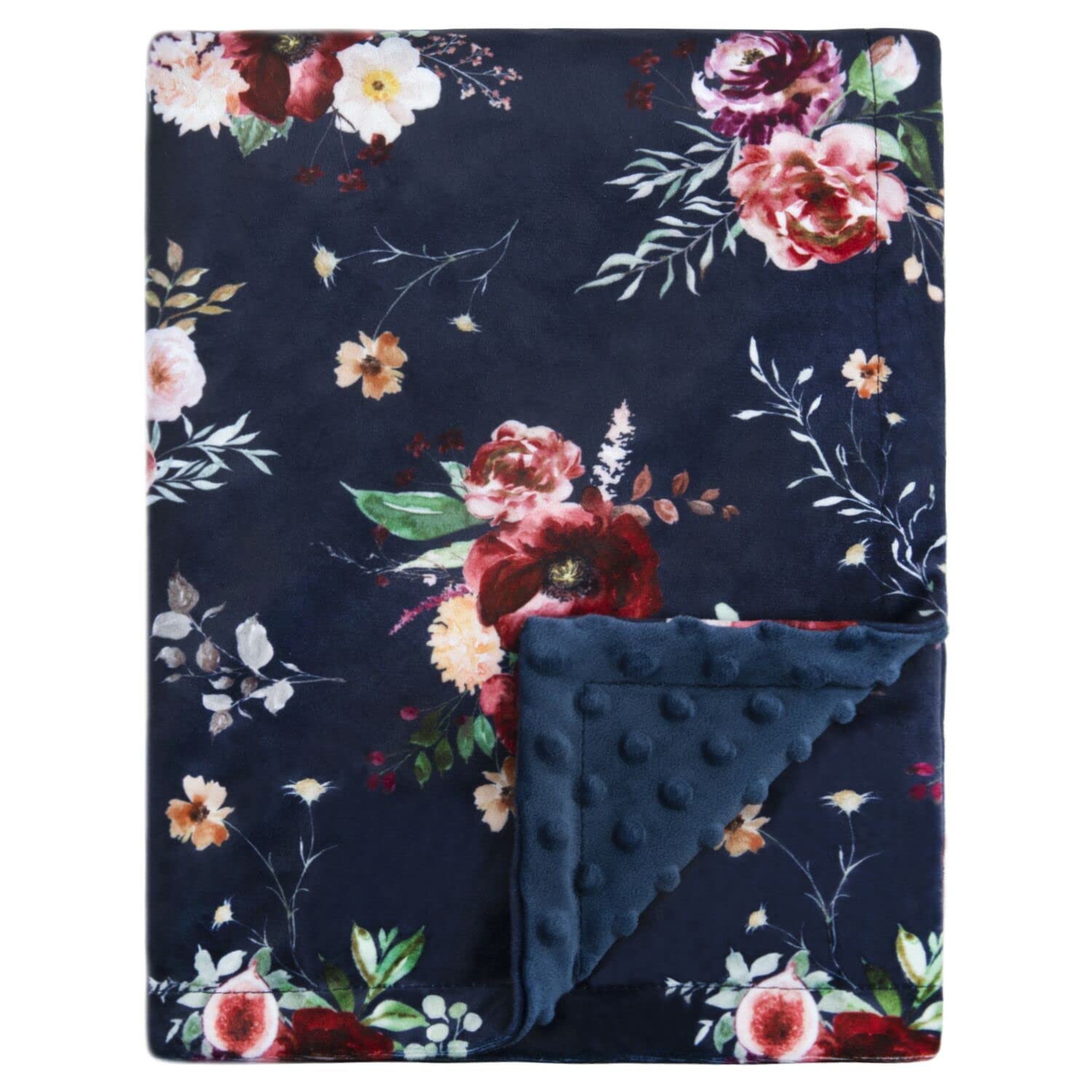 BORITAR Baby Blanket for Girls Super Soft Double Layer Minky with Dotted Backing Dark Blue Blanket with Beauty Floral Printed 30 x 40 Inch(75x100cm)OEKO-TEX STANDARD 100