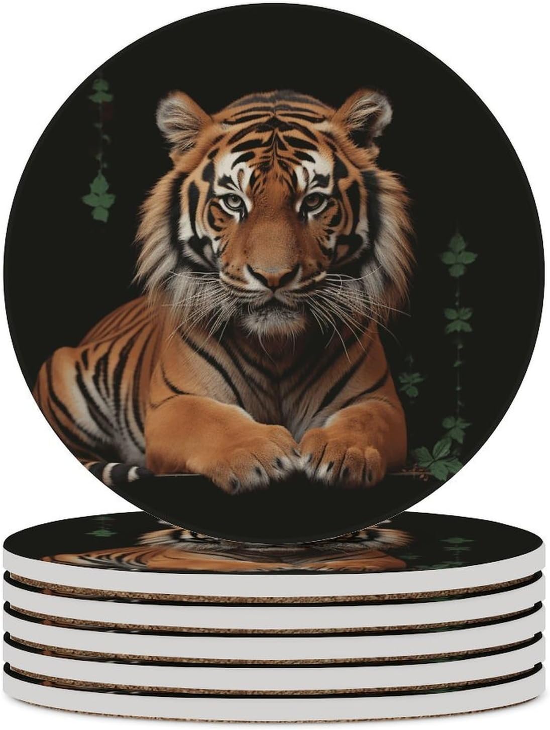 6PCS with Tiger and Paws Coasters Non-Slip Round Drink Coasters with Ceramic Stone and Cork Base, Heat Resistant Absorbent 33.00Stone Coaster Set for Kinds of Mugs and Cups, 4 Inch