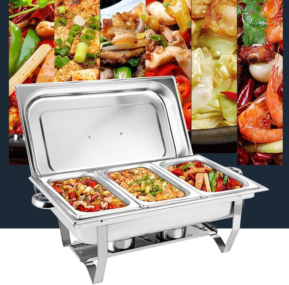 Buffet in Acciaio Inossidabile con Telaio, Ciotola d'Acqua, Vassoio di Cibo, Supporto Carburante e coperchi per riunioni di Famiglia, Banchetti, Buffet, Matrimoni (Tre scatole, 9l)