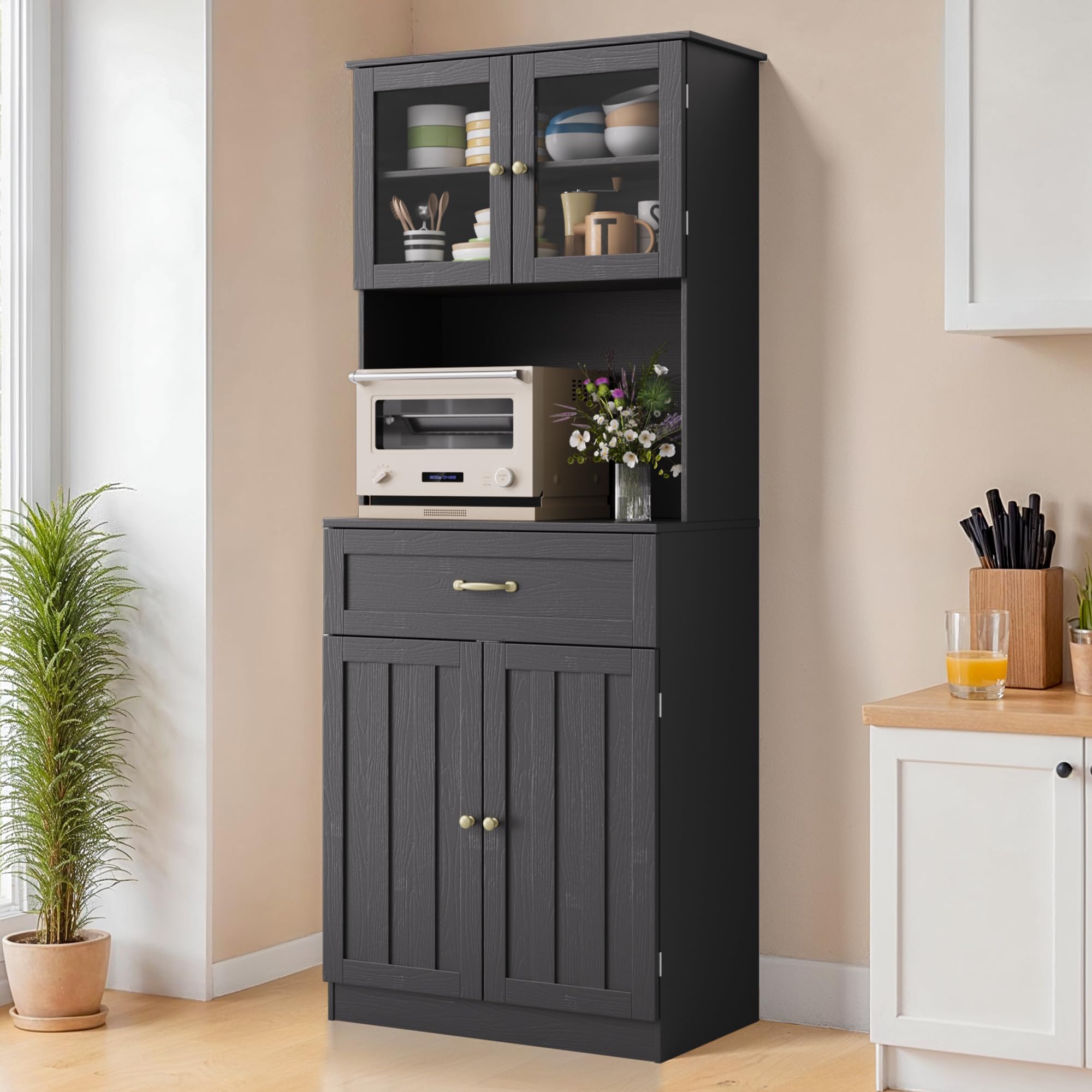 Haute Buffet,Admoire de Cuisine,Sideboard avec Portes en Verre, tiroir, Trou pour câbles et étagères réglables en Hauteur, pour Cuisine et Salle à Manger, 180x73x40 cm,Noir