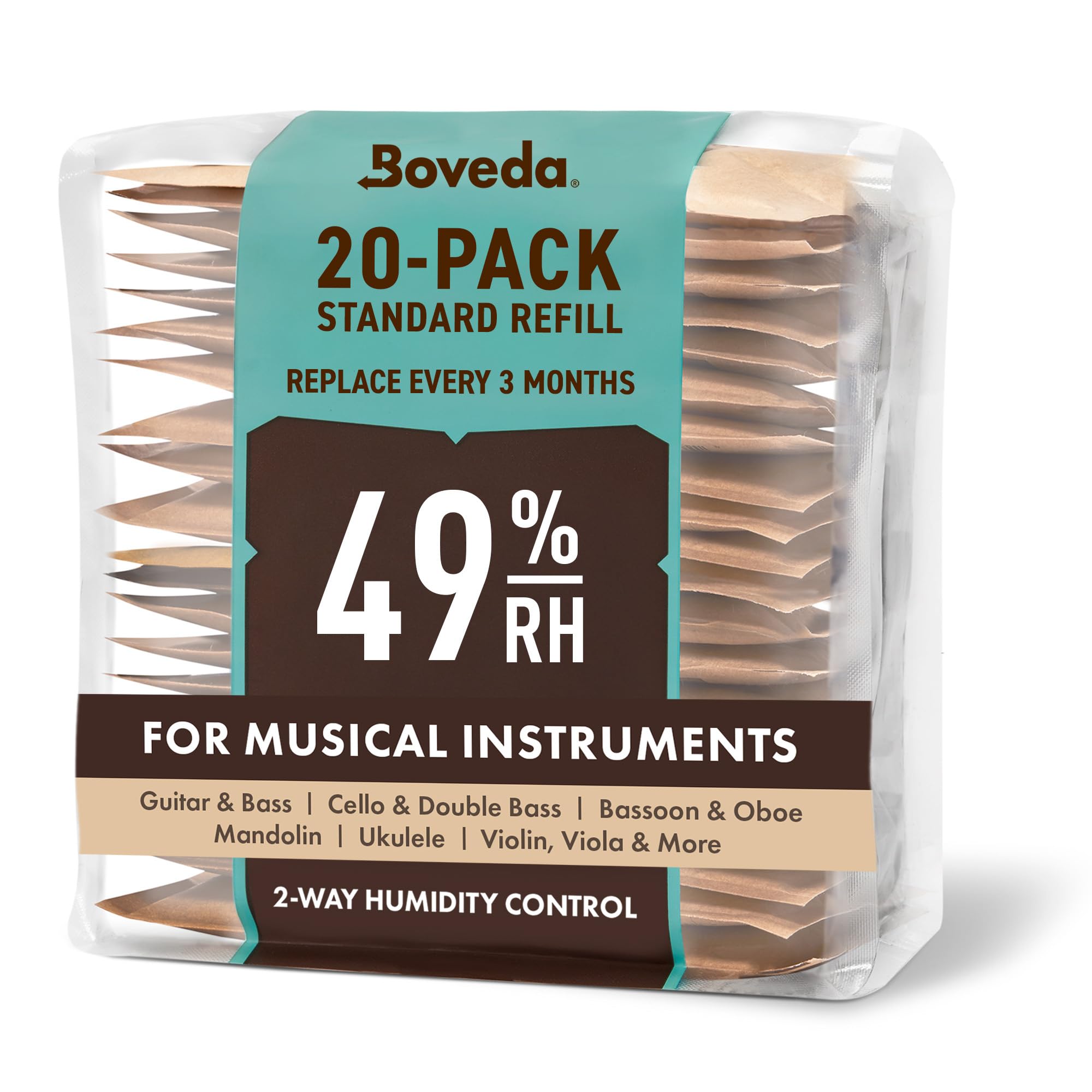 Boveda per strumenti musicali | regolatore di umidità a 2 vie sostitutivo UR 49% per inserto in tessuto | Formato 70 per strumenti in legno a corda o archi | Previene crepe e deformazioni | 20 pezzi con confezione richiudibile