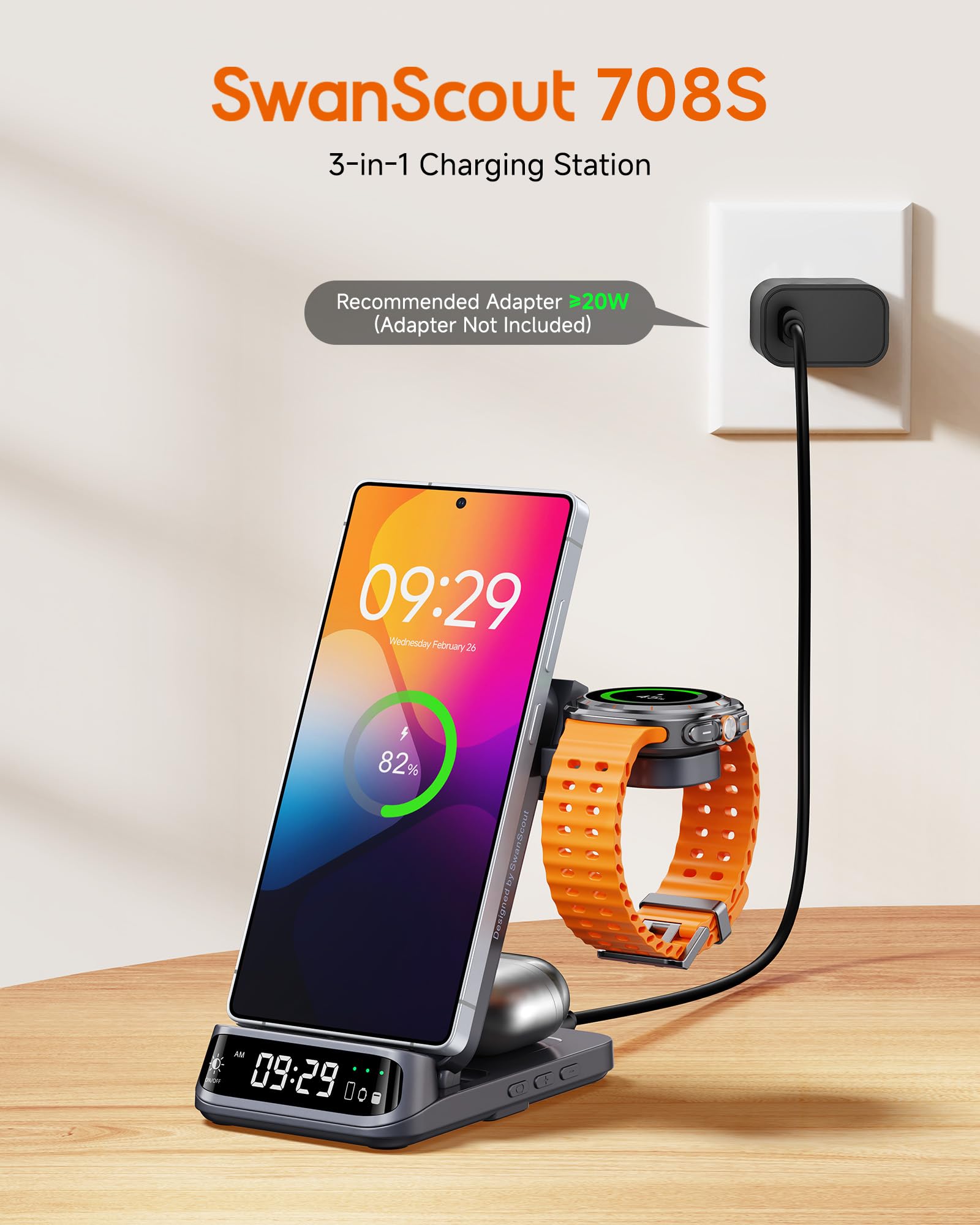 SwanScout Induktive Ladestation, Wireless Charger für Samsung Galaxy S26 Ultra/S26+/S25 Ultra/S25+/S25/S24/S23/S22, für Galaxy Watch Ultra/8/8 Classic/7/6/5/4, Buds4 Pro, SwanScout 708S (Ohne Adapter)