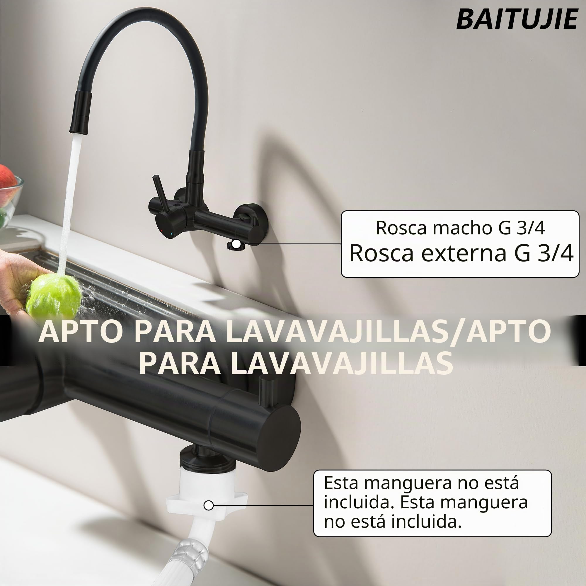 Grifo de cocina montado en la pared con conexión de 1,9 cm para lavavajillas/lavadora, grifo de cocina montado en la pared con caño flexible de 360°, grifo mezclador con 2 modos de
