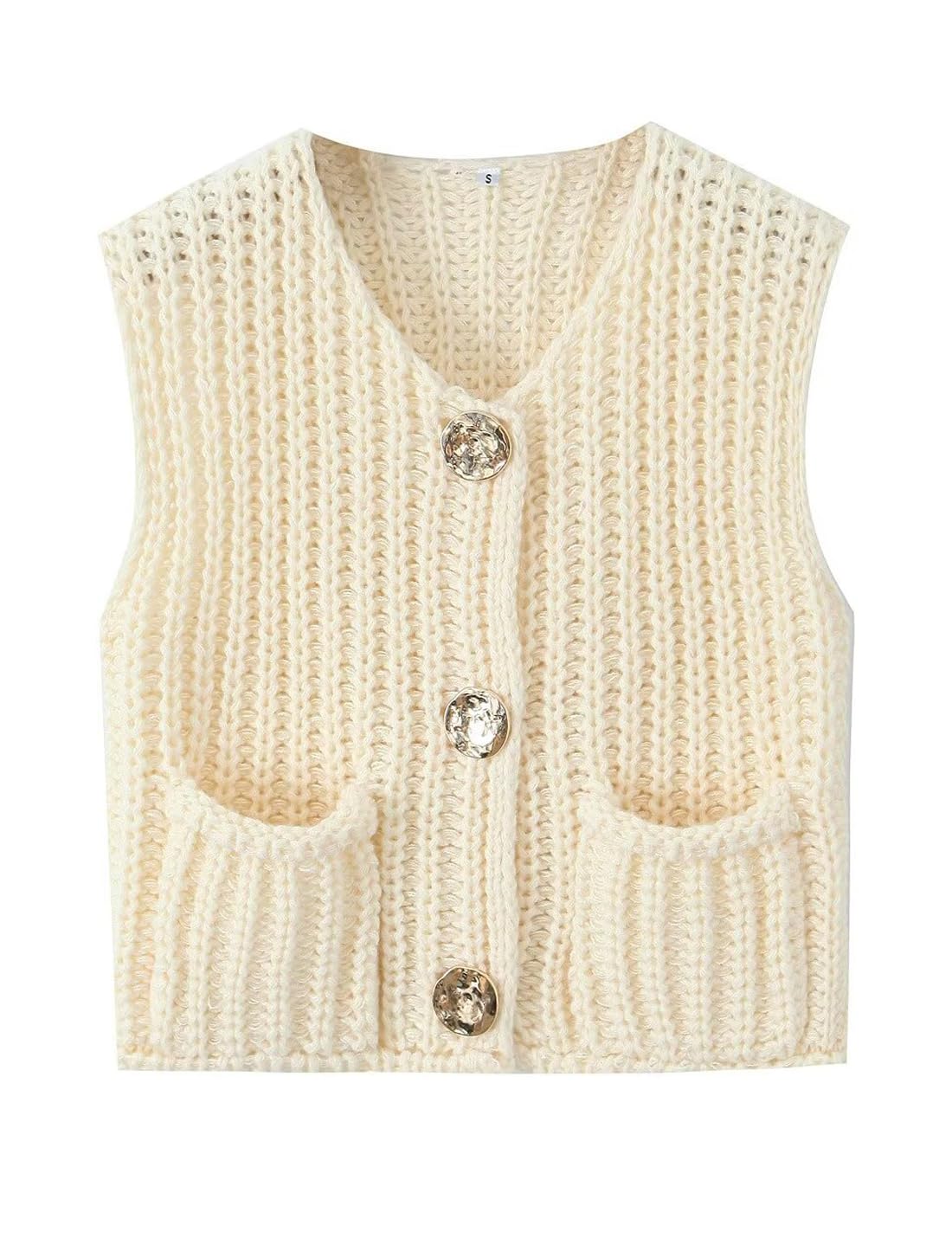 Sukany Women's Button Up Sweater Vest Sleeveless Crochet Chunky Knit Cropped Jumpers Tops Beige XL