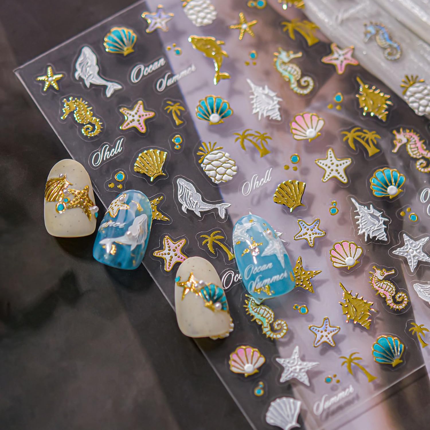 1 Sheets Summer Nail Decals for Nail Art 5D Pineapple Conch Dolphin Shell Nail Art Stickers Gold Seahorse Coconut Tree Starfish Nail Stickers