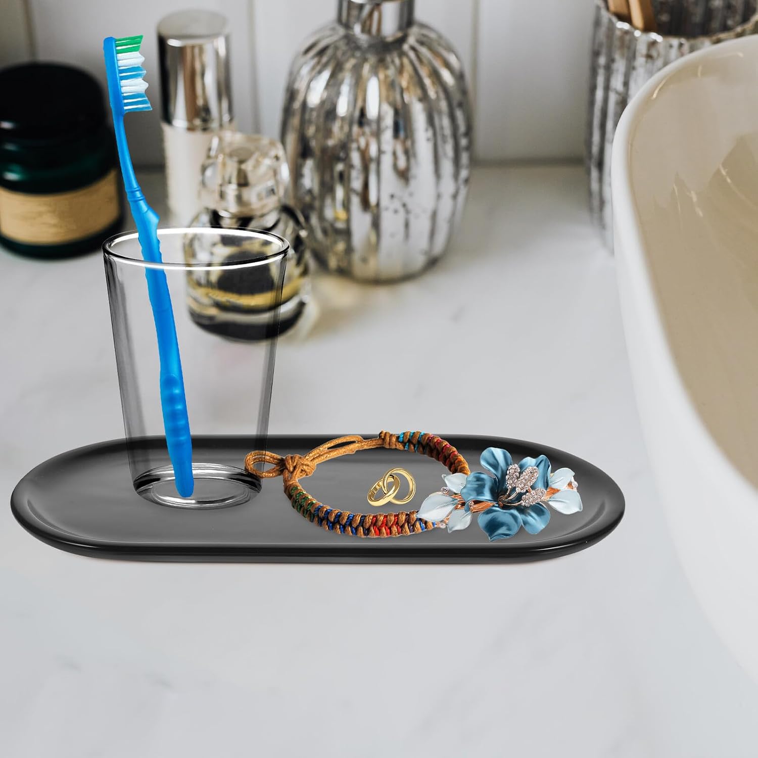 CHILDWEET Oval Ceramic Vanity Tray Compact Dark – Decorative Bathroom Counter Organizer, Jewelry Dish and Cosmetics Holder for Dresser and Sink