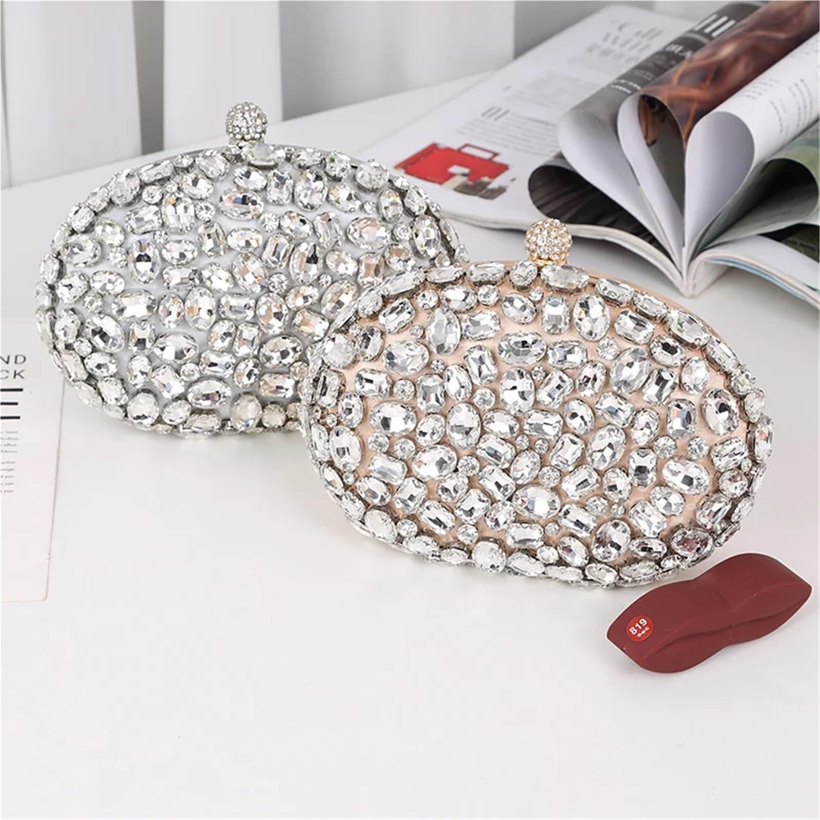 Bolso de mano de noche for novia con cuentas y cristales de imitación de diamantes de imitación ovalados Para Boda Fiesta, Banquete