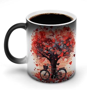Coffee Mug 11 Oz Heart Tree Bicycle Color Changing Mugs, Heat Changing Coffee Mugs with Handle, Heat Sensitive Magic Mug for Women Men Funny Ceramic Cup for Tea Latte Milk Cocoa