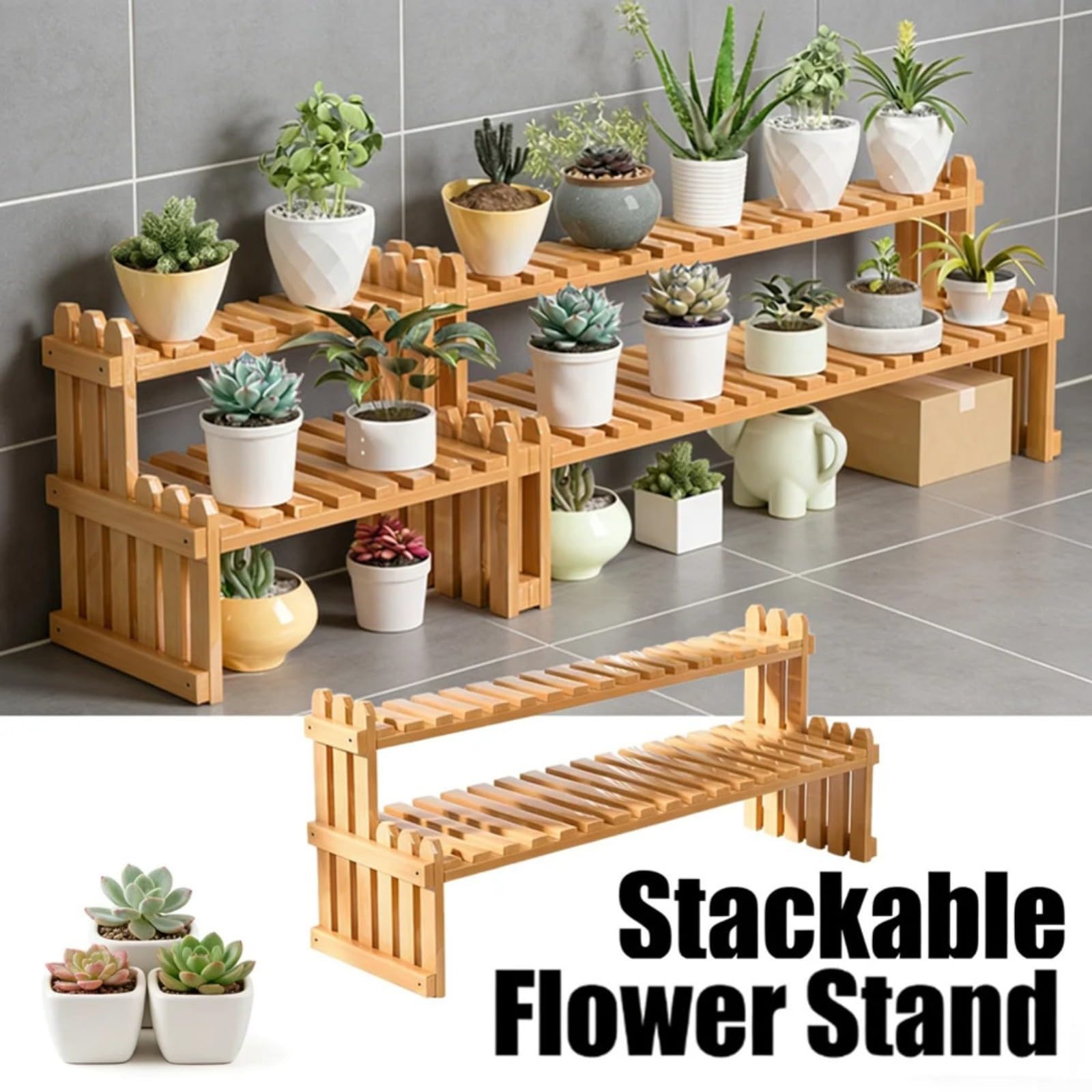 Scaffale per piante a 2 livelli, in legno, da scrivania, organizer salvaspazio per scrivania, piano di lavoro, cucina, bagno, scala minimalista per piante grasse e erbe aromatiche (57 cm)