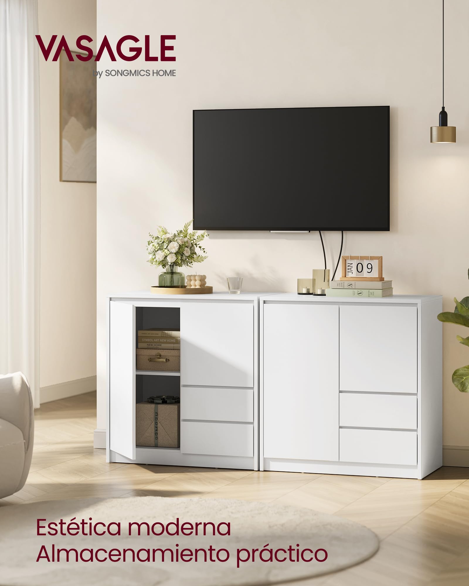 VASAGLE KAILYN Colección - Aparador, Armario de Almacenamiento, con Puerta y Estante Ajustable, 2 Cajones, 40 x 70 x 74,5 cm, Salón, Comedor, Oficina, Blanco Nube BBK243W01V1