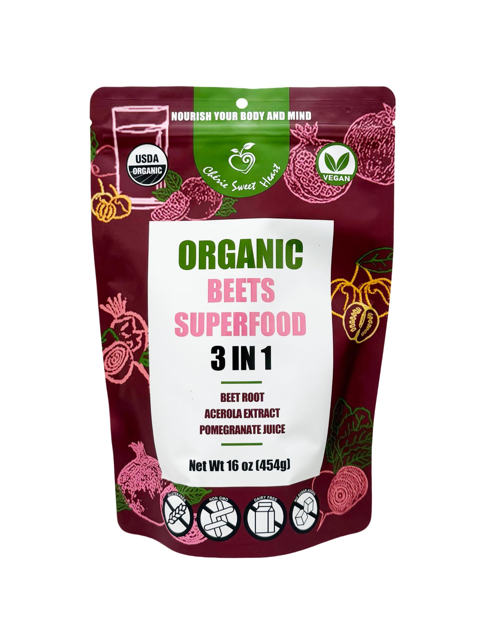 Cherie Sweet Heart USDA Organic Beets Superfood Powder, 3-in-1 Nitric Oxide, Support Healthy Blood Pressure and Blood Circulation, 454g, 16 oz Pouch