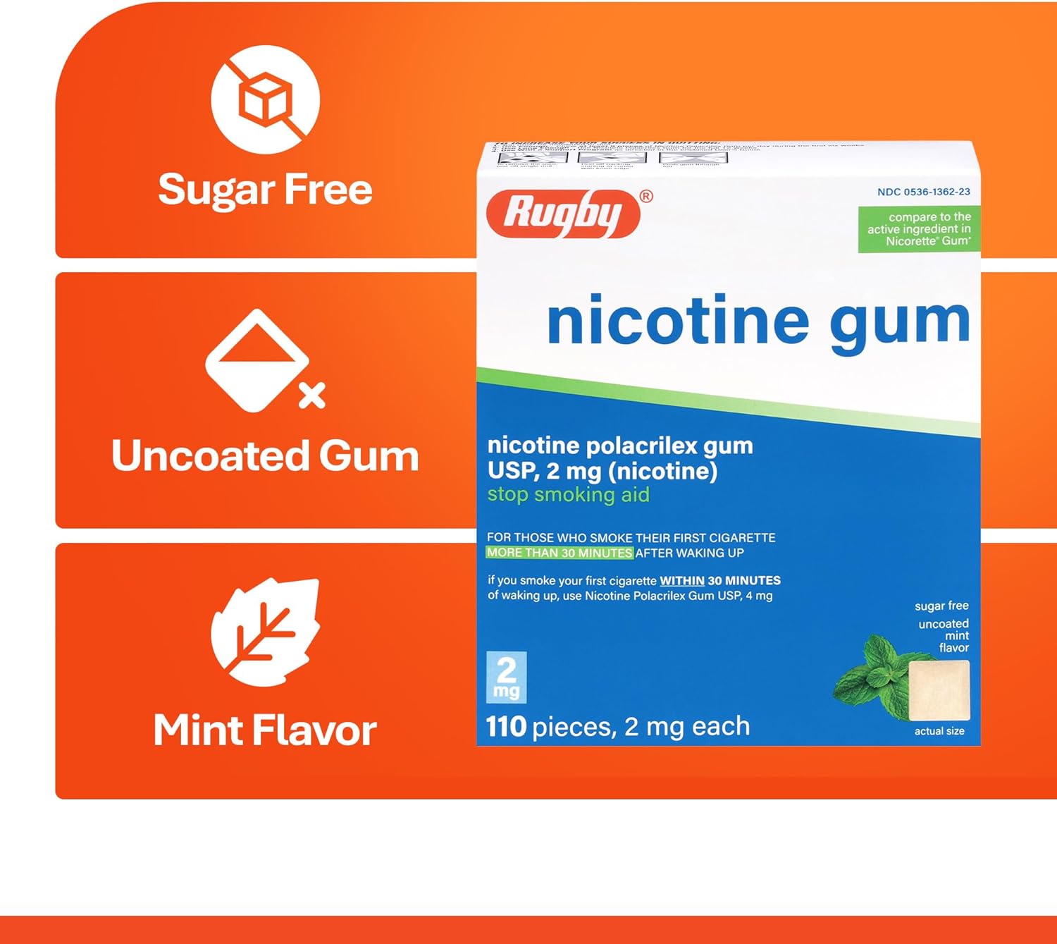 Rugby Polacrilex 2mg Nicotine Gum - Mint Flavor, Quit Smoking and Vaping Aid, Sugar-Free, 110 Count (2-Pack)