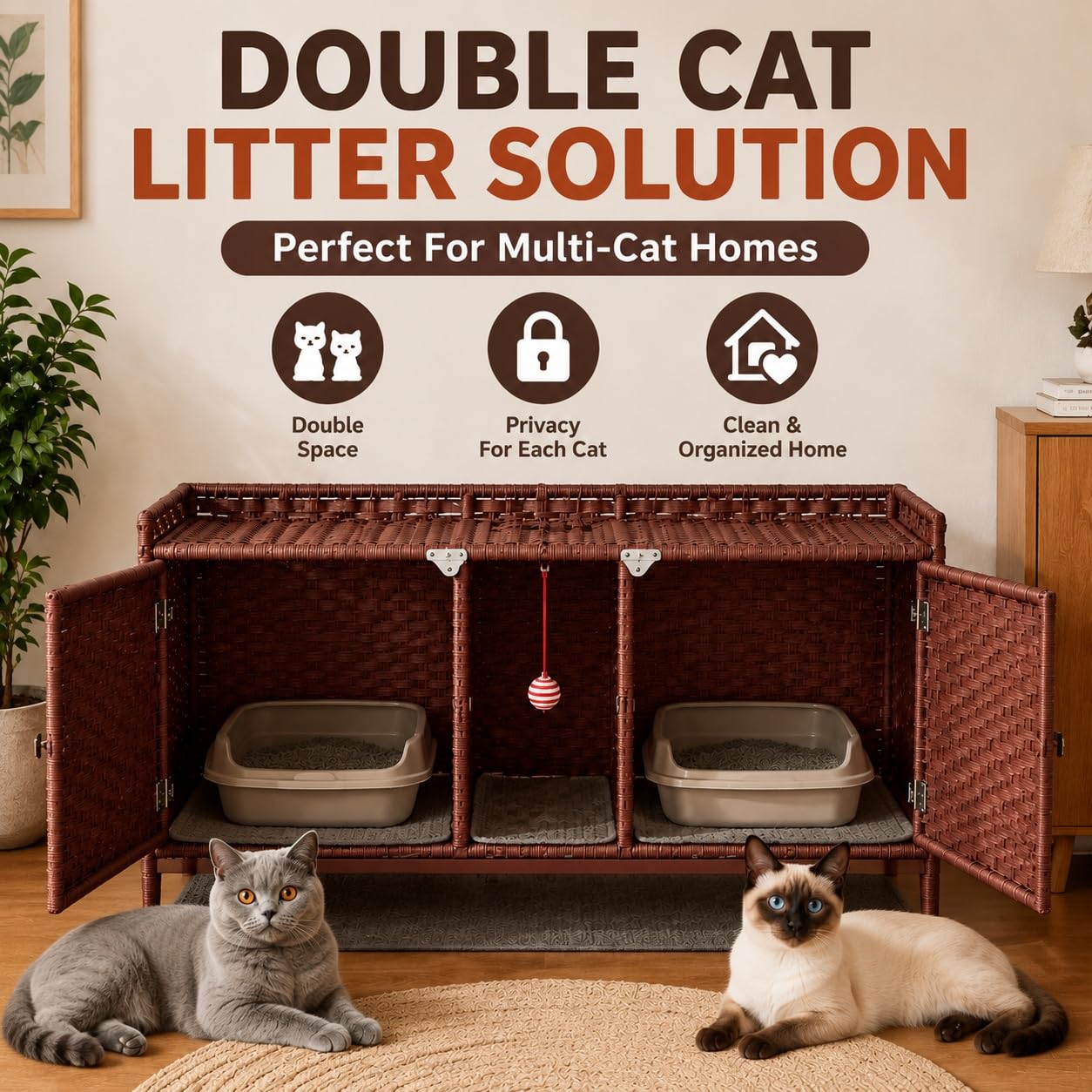 Garvee Katzenklo-Schrank aus handgeflochtenem Rattan, geruchsreduzierende Doppelbox für 2 Katzentoiletten, mit Tür, Belüftung, erhöhten Metallfüßen, Streumatte & S-Haken, Braun