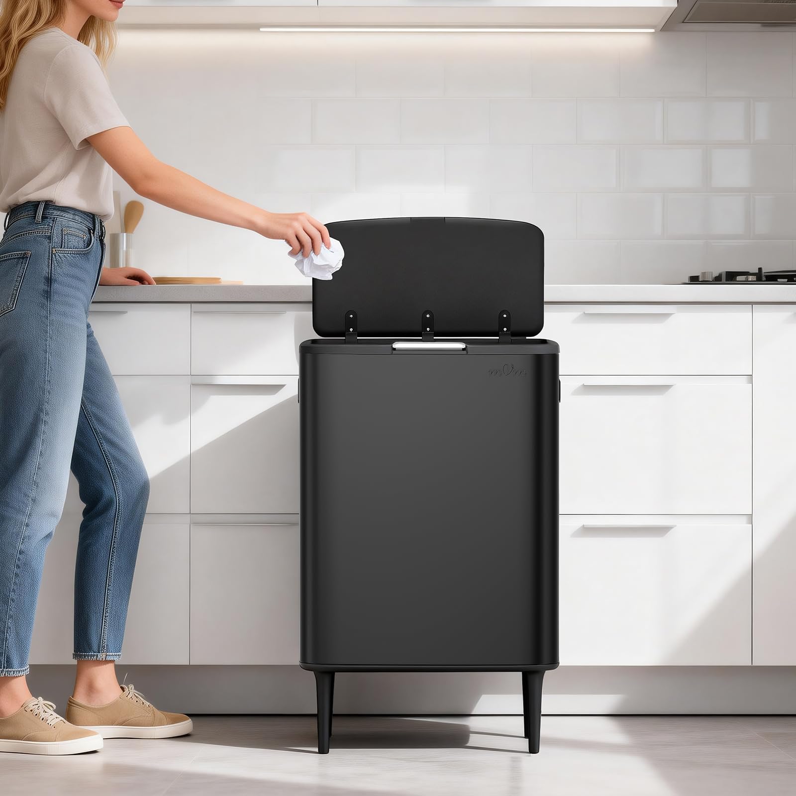 mVm Poubelle Cuisine 65L, avec Tri Sélectif Intégré, Comprend Seau Amovible, en Acier Inoxydable, Anti-traces de doigts, Support Détachable, Facile à nettoyer, Idéal pour Cuisine, Bureau et Salon